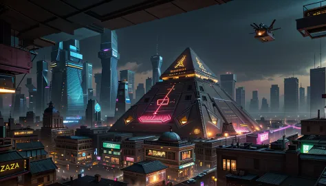 Giza pyramid, old pyramid, surrounded by cyberpunk city, futuristic, neon lights, dystopian, high-tech cityscape, flying vehicle...