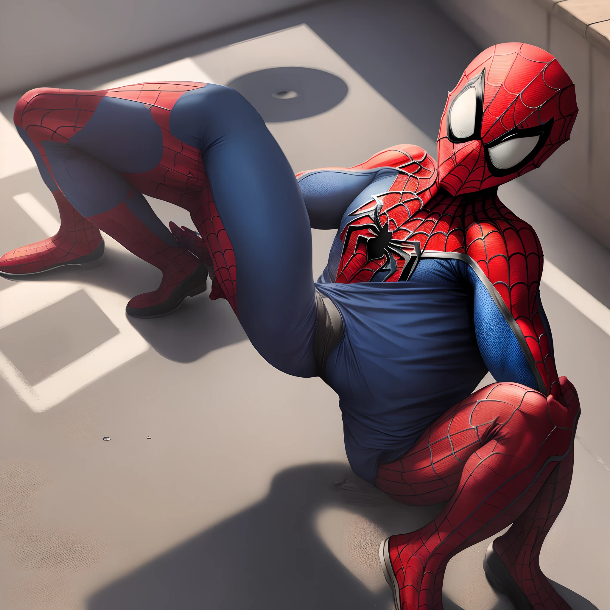 Spider - man laying on the floor with his legs spread out - SeaArt AI