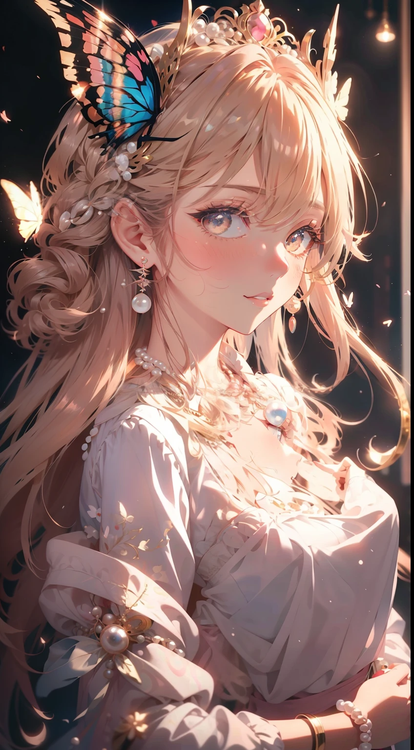 animemanga girl，long whitr hair，Pink dress，conservativelydressed，Butterfly headdress,耳Nipple Ring，pearls necklace，Pearl bracelet，dreamy background，style of anime,best qualtiy，super detailing，Good atmosphere，delicated，cg render，detail render，（Delicate facial portrayal）（Fine hair portrayal）（highest  quality）（Master masterpieces）（High degree of completion）（a sense of atmosphere）8k wallpaper，tmasterpiece，ultra - detailed（half-body portrait）Anime style