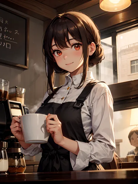 a smile(masutepiece), Best Quality,  Girl working in a coffee shop, She is making coffee in a machine, Coffee making, Perfect fa...