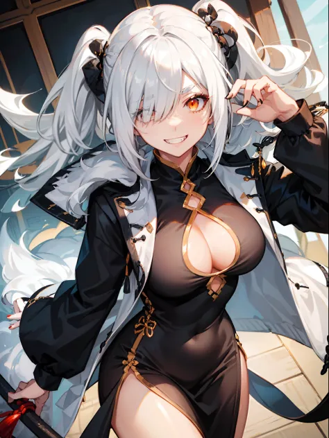 (((best quality))), 1girl, black chinese dress, (((white hair))), orange eyes, large breasts, looking at viewer, evil smile, grin, solo, tied hair, hair over one eye, pelvic curtain, tied hair, fur-trimmed coat