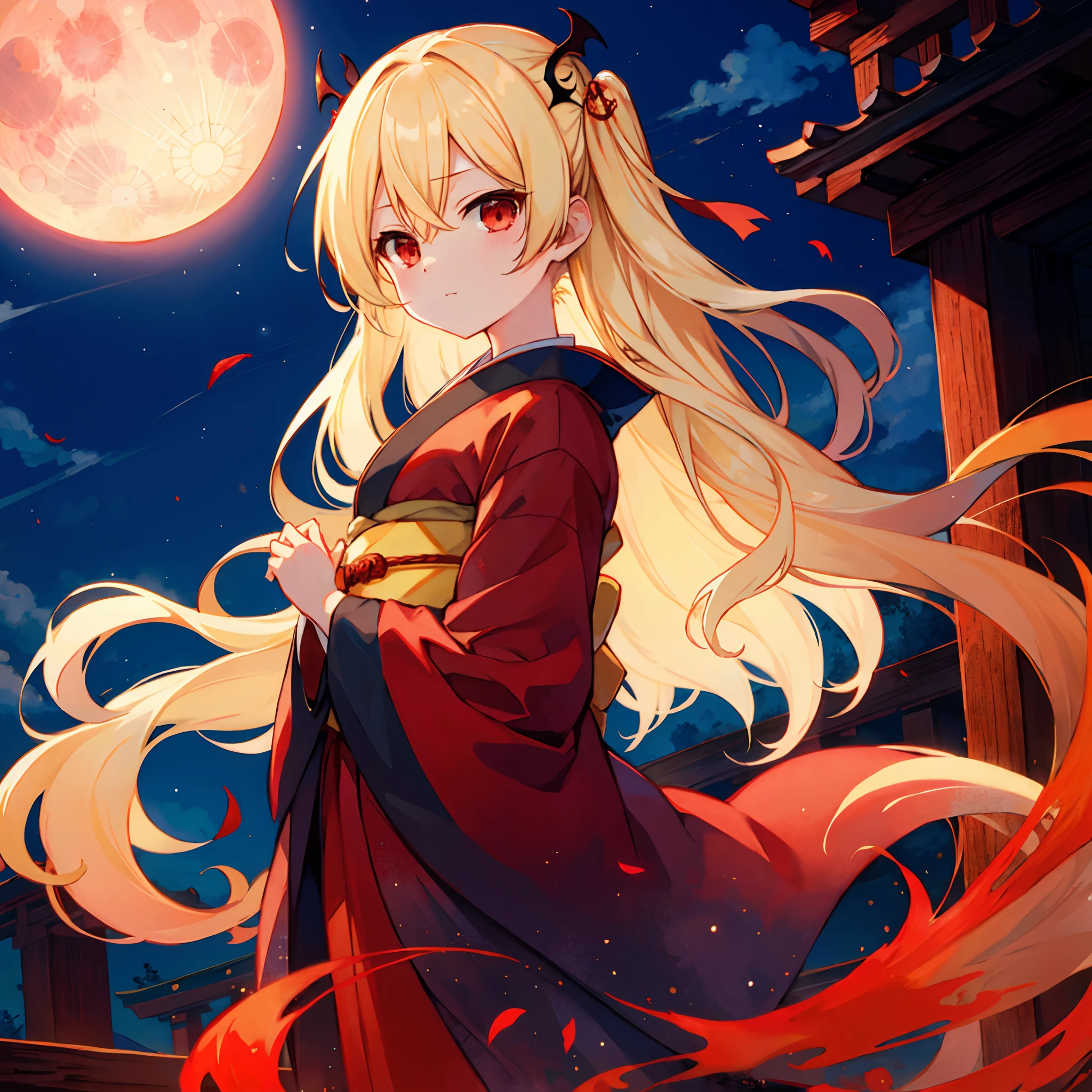 Wavy blonde、red eyes、One beautiful vampire girl、kimono、a moon、natta、