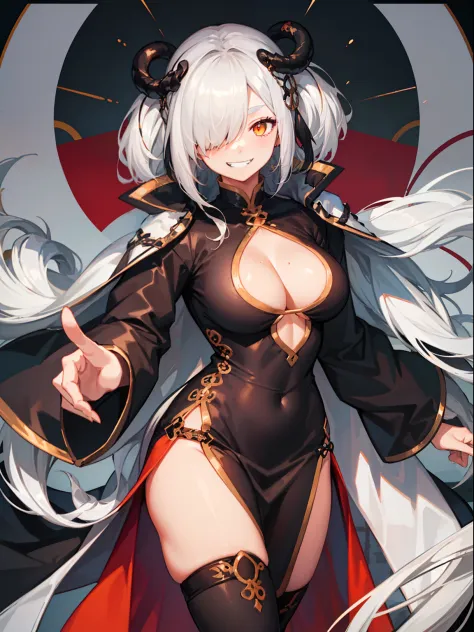 (((best quality))), 1girl, black chinese dress, (((white hair))), orange eyes, large breasts, looking at viewer, evil smile, grin, solo, tied hair, hair over one eye, pelvic curtain, tied hair, fur-trimmed coat