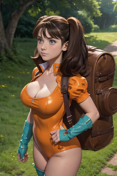8K，hightquality，​masterpiece，1girll, 1boy, grabbing another's hair, pulling diane hair, purple eyes, brown hair, seven deadly sins, diane, breasts, twintails, cleavage, orange leotard, torn_clothes:1.4, large breasts, leotard, gloves, fingerless gloves, bl...