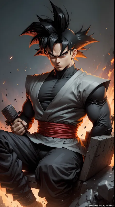 Goku Mafioso, seated not throne, cara de mau, Terno Preto, With a machine gun in his hands, Uma mulher de bermuda curta ao seu l...