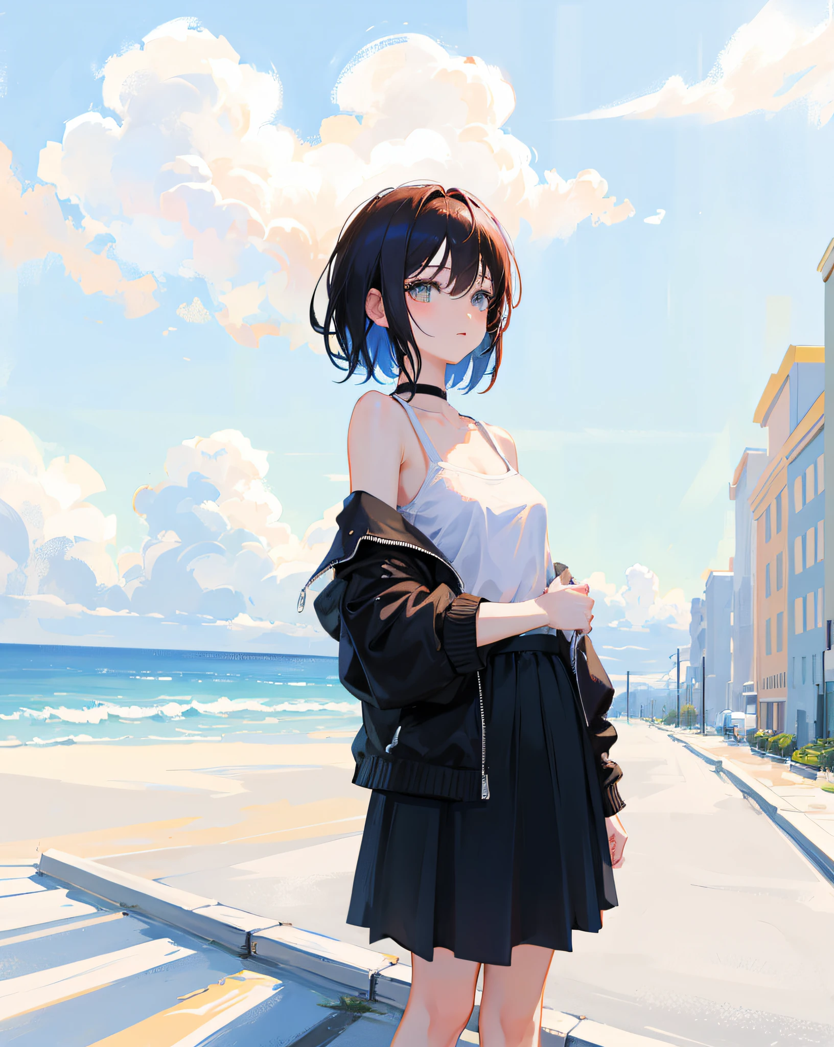 (Realistic painting style:1.0), Masterpiece, Best quality, absurderes, comic strip, illustration,
1 girl, medium hair, cute girl, young and cute girl, Korean girl, {Breasts}, kuan17, 
a girl in black top and grey skirt standing on street, wearing black camisole outfit, cute kawaii girl, photo of slim girl model, wearing a chocker, simple clothes, simple clothing, blue sky, sexy,