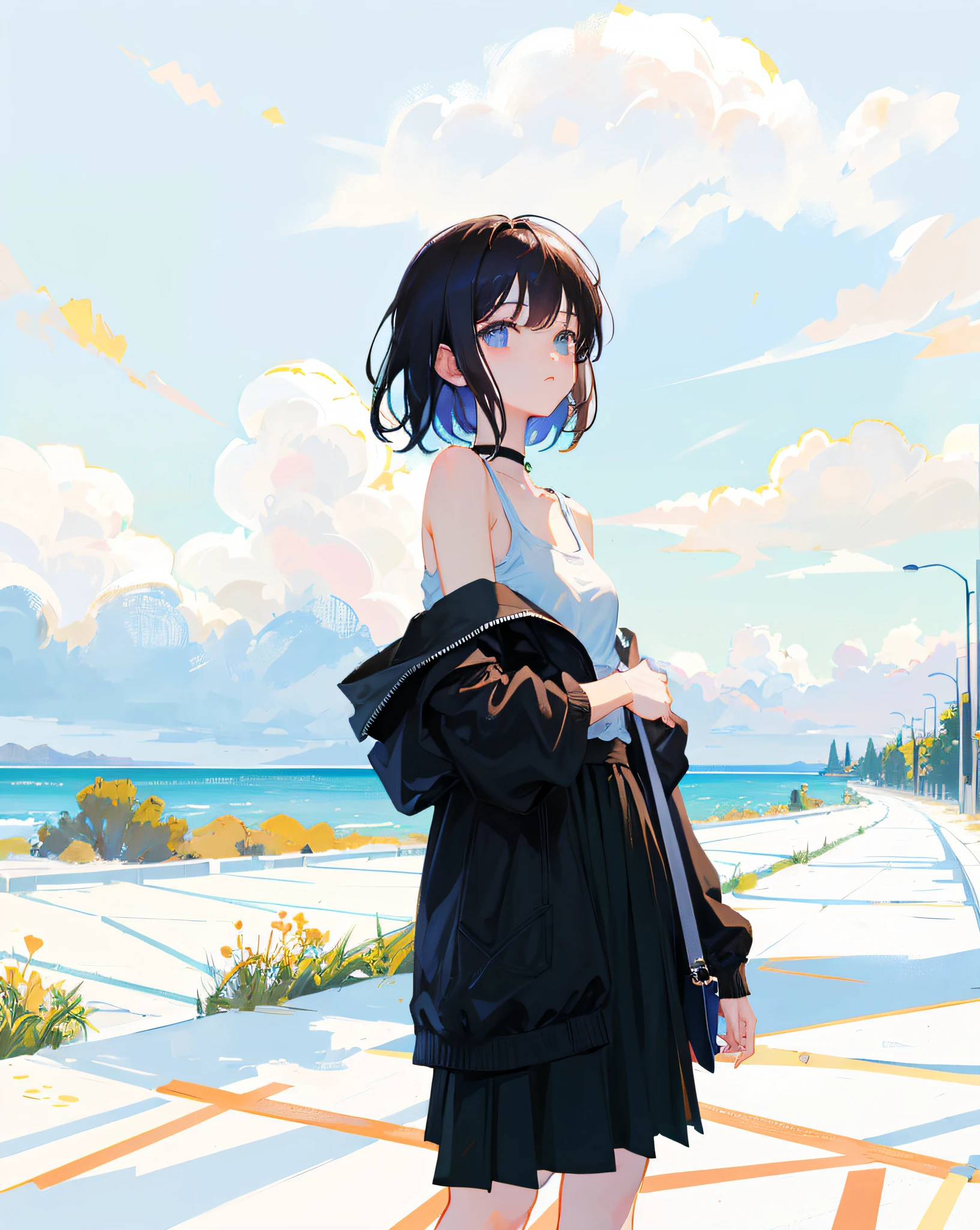 (Realistic painting style:1.0), Masterpiece, Best quality, absurderes, comic strip, illustration,
1 girl, medium hair, cute girl, young and cute girl, Korean girl, {Breasts}, kuan17, 
a girl in black top and grey skirt standing on street, wearing black camisole outfit, cute kawaii girl, photo of slim girl model, wearing a chocker, simple clothes, simple clothing, blue sky, sexy,