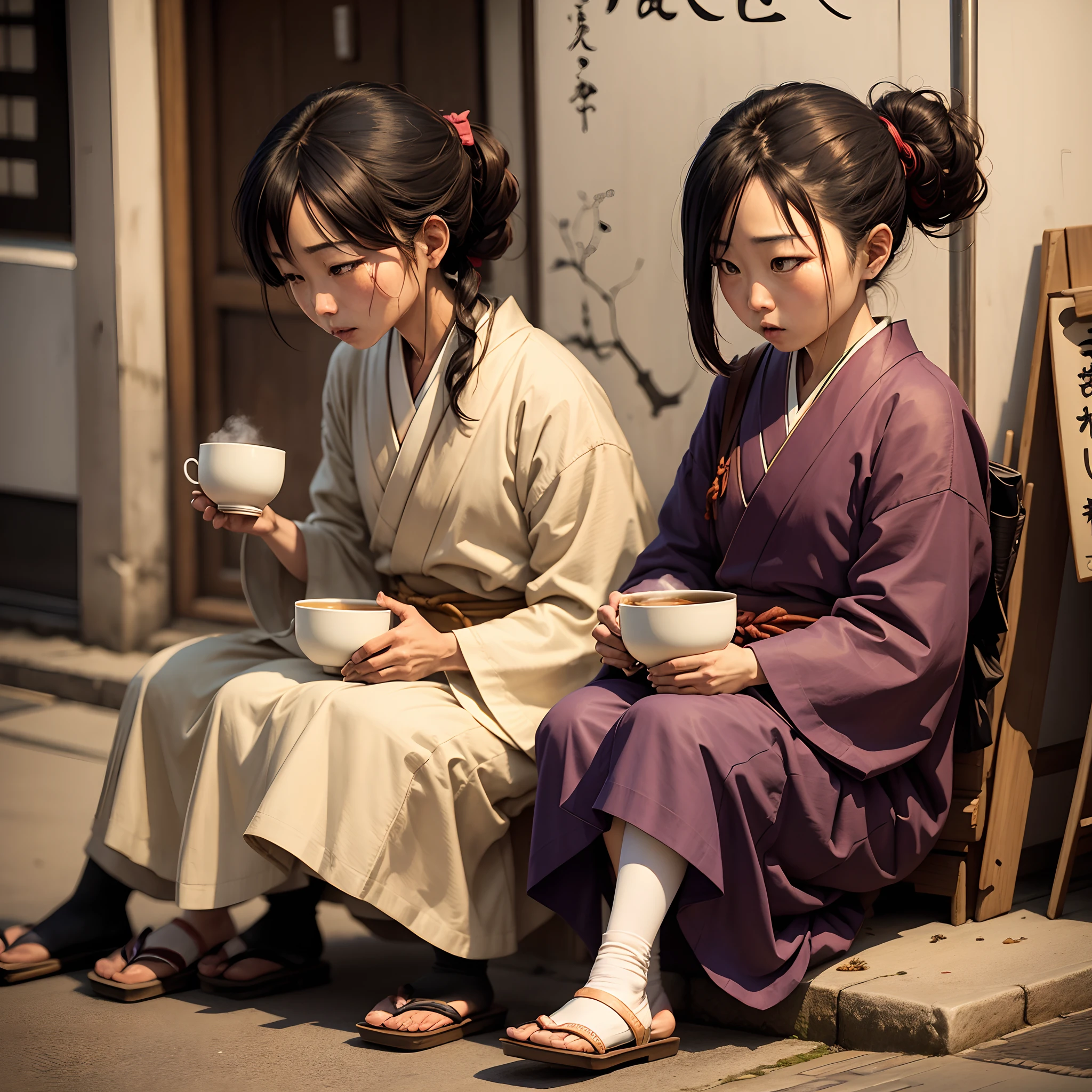 Two women in kimono sitting on the sidewalk with cups of coffee - SeaArt AI