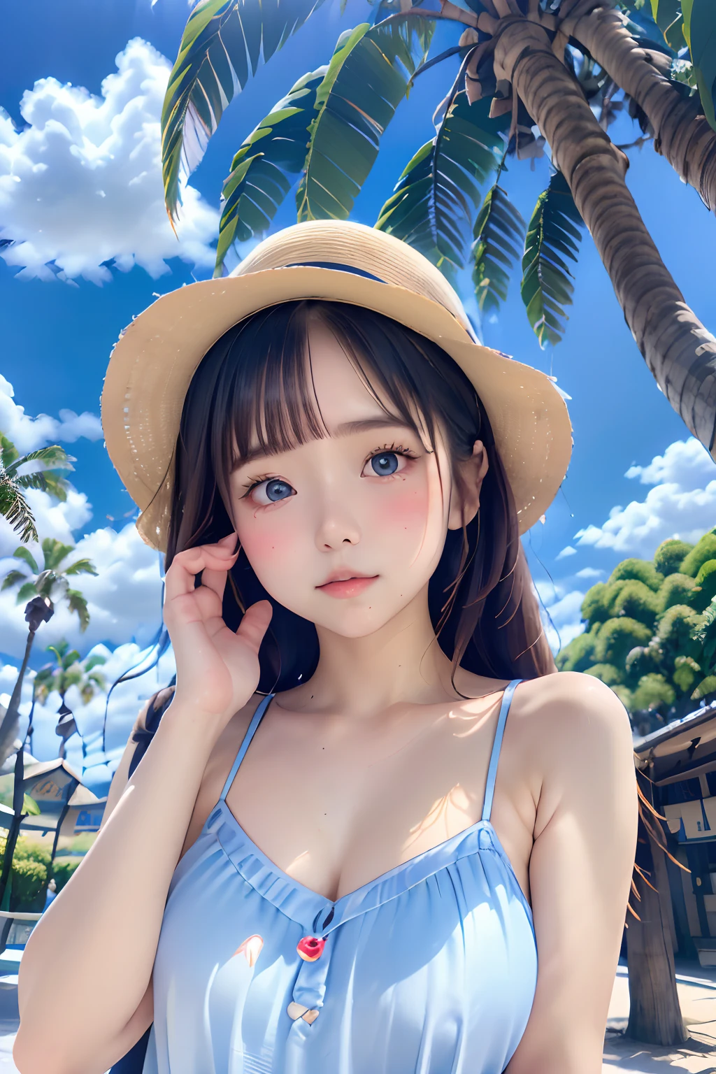 ((Extremely detailed)),, (8K), Best Quality, (Beautiful),((masutepiece)), ((Best Quality)), 14years、Beautiful girls,Realistic portraits,a straw fedora hat, (Ultra-detailed), ((kawaii)), Cute, (lovely),plein air、blured background:1.5、((South Island、Palm trees、Blue Sea、blue open sky、cumulonimbus clouds:1.2))