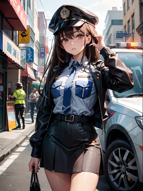 Female Police Officer、Hats、a miniskirt、brown haired、Longhaire、police cars