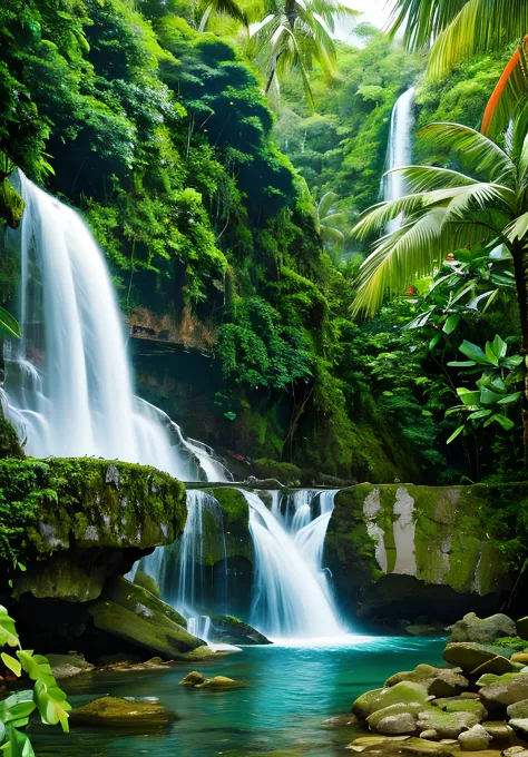 Paint a picture of a magnificent waterfall nestled amidst a lush, tropical paradise, where the rushing waters and verdant vegeta...