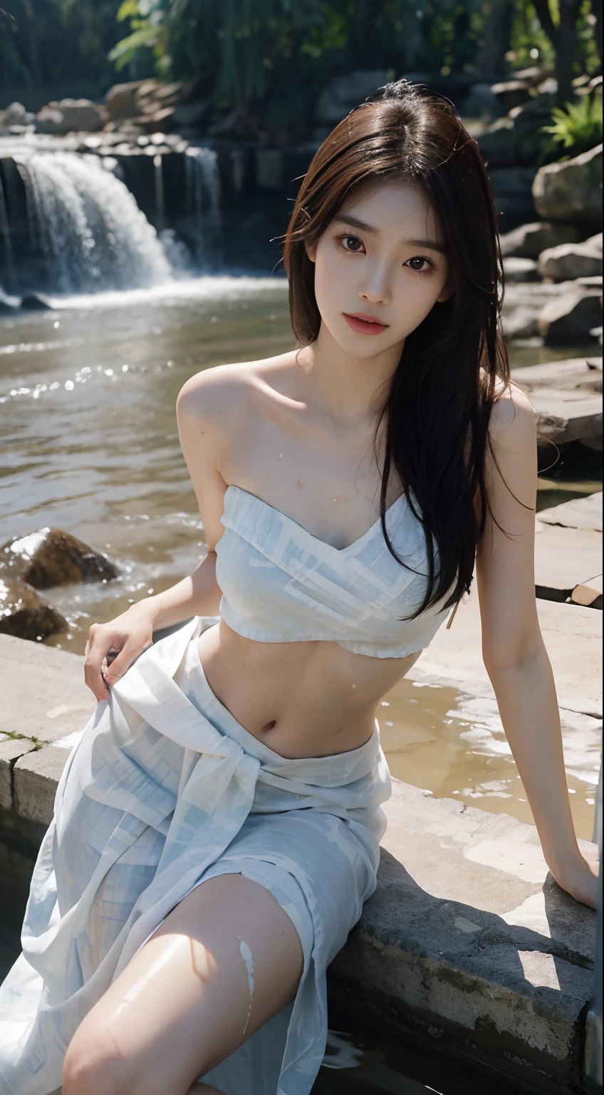 top Quority，Ultra-clear resolution,  Korean Teen 18 years old. seductive, Charming, voluptuous figure, Thin, slender. skinny, Chest reduction, Clear eyes, innocent face, is a perfect face, White skin, Perfect chest, Long legs.((Tube. Sarong. Batik. Wet))wet skin. Wet hair. Bathing.Under.the.waterfall