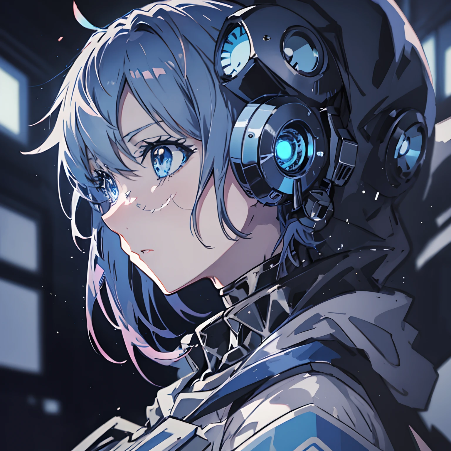 (anime girl with blue eyes), best anime 4k konachan wallpaper, with glowing blue eyes, anime robotic mixed with organic,blue cyborg eyes, anime cyborg, cyberpunk anime girl mech, mecha asthetic, his eyes glowing blue, a teen biopunk cyborg, anime manga robot!! anime girl, metal and glowing eyes, (zoom:1.5), cool expression, face in profile