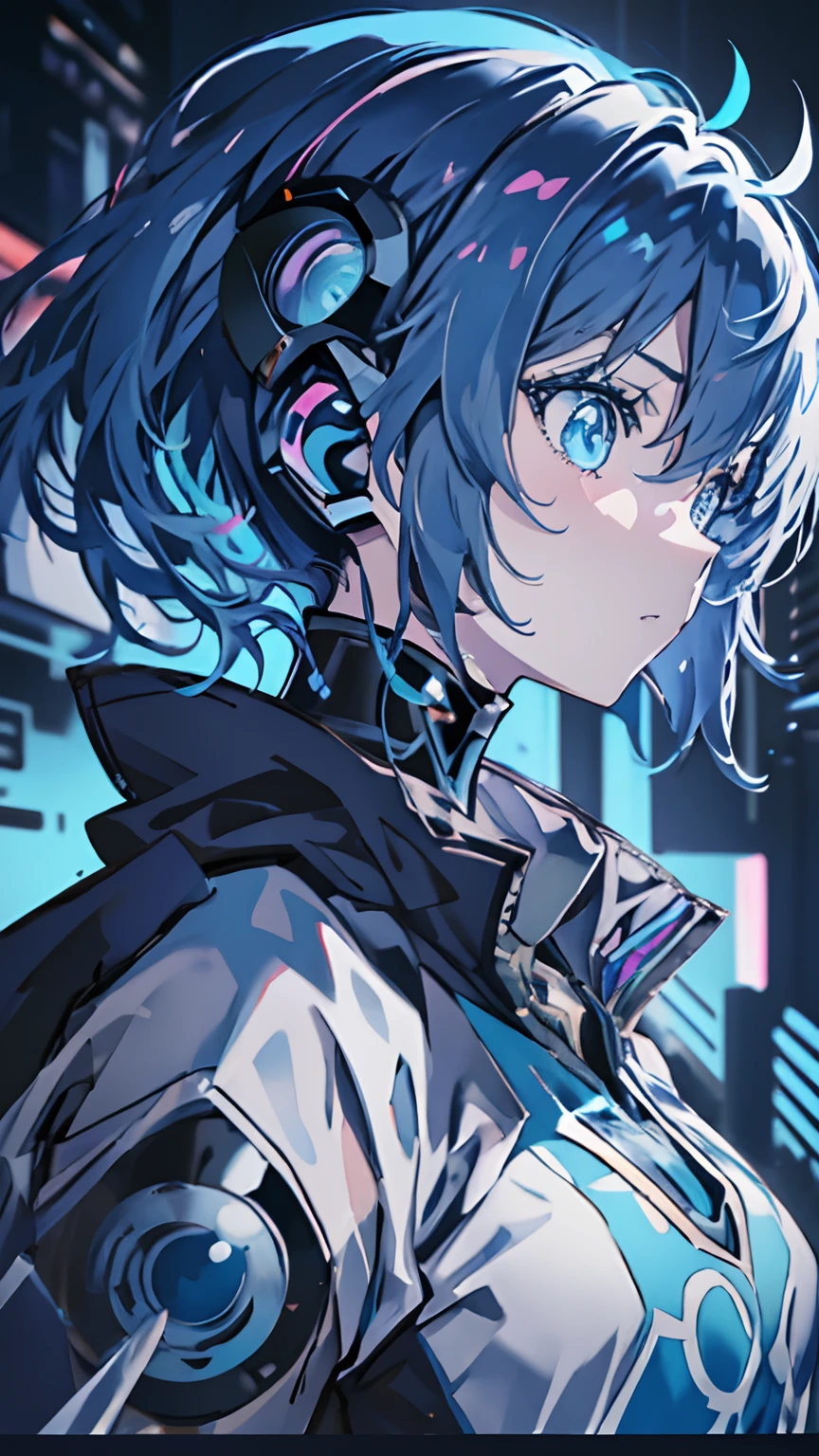 (anime girl with blue eyes), best anime 4k konachan wallpaper, with glowing blue eyes, anime robotic mixed with organic,blue cyborg eyes, anime cyborg, cyberpunk anime girl mech, mecha asthetic, his eyes glowing blue, a teen biopunk cyborg, anime manga robot!! anime girl, metal and glowing eyes, (zoom:1.5), cool expression, face in profile