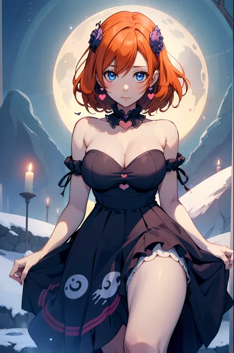 Kousaka honoka, blue eyes,dress with heart_keyhole_cleavage, orange hair,Witching Hour Ritual: An image of a witch silhouette against a full moon, surrounded by magical symbols, herbs, and glowing candles, invoking an air of mystical energy.