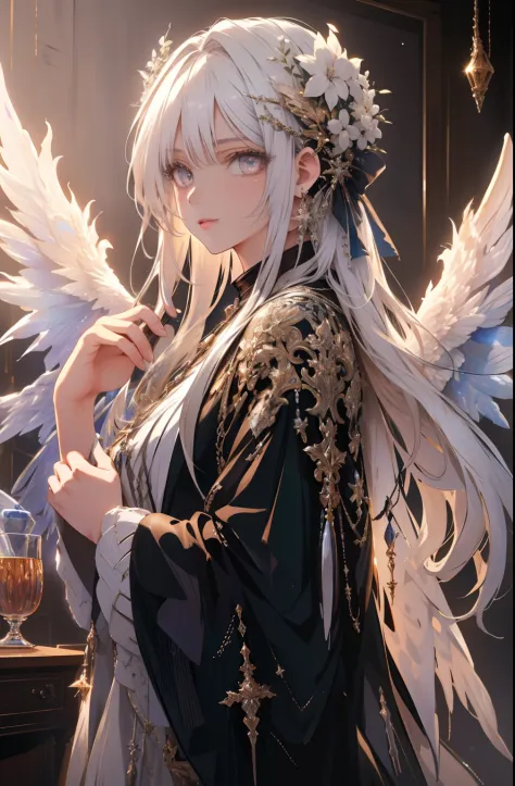 A detailed painting of an eight-winged angel with white hair, (best quality, highres, HDR:1.2), ultra-detailed, (realistic:1.37)...