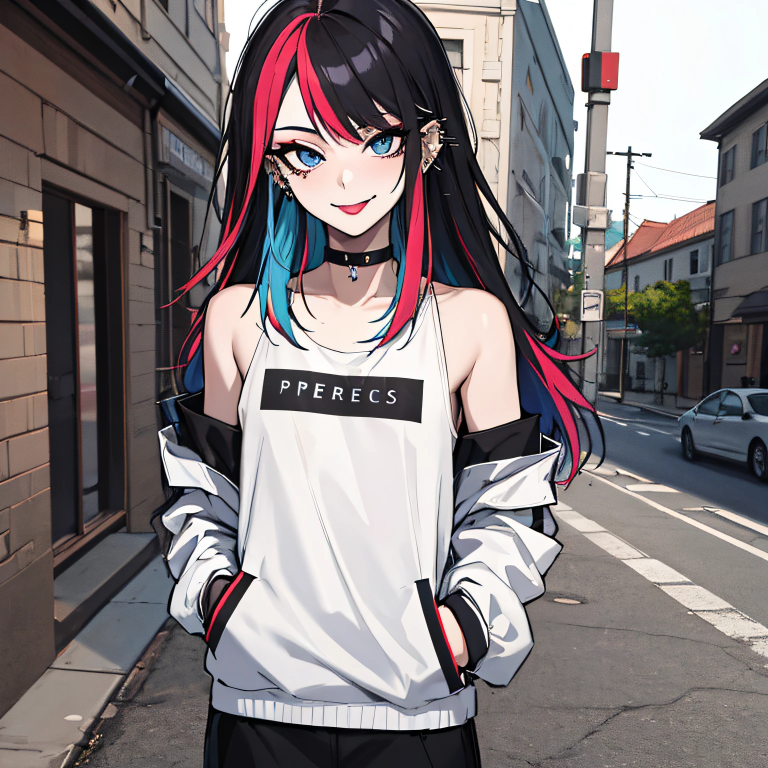 (absurdres, 8k, 4k, masterpiece, hyper extreme detailed:1.2), solo, 1girl, front view, perfect face, 1girl, portrait, expressive eyes, solo, standing, Female, perfect hands, pale skin, friendly, excited, punk rock, Long Hair, Multicolored Hair, black choker, black lipstick, Piercings, Ear Piercings, Lip Piercings, Nose Piercings, small Bust, smile, street clothing,  half body, perfect anatomy, hands in pockets, graphic t-skirt, anatomically correct, cowboy shot, no background, empty background, arms behind back, covered chest, white background, exposed shoulder,