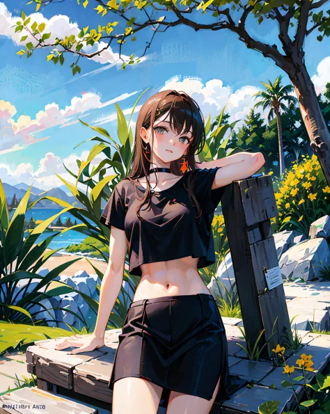 (Realistic painting style:1.0), Masterpiece, Best quality, absurderes, comic strip, illustration,
1 girl, long hair, cute girl, young and cute girl, Korean girl, {Breasts}, hana, 
a girl sitting on a rock near a tree in a black dress, wearing a sexy croppe...