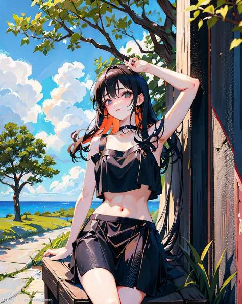 (Realistic painting style:1.0), Masterpiece, Best quality, absurderes, comic strip, illustration,
1 girl, long hair, cute girl, young and cute girl, Korean girl, {Breasts}, hana, 
a girl sitting on a rock near a tree in a black dress, wearing a sexy croppe...