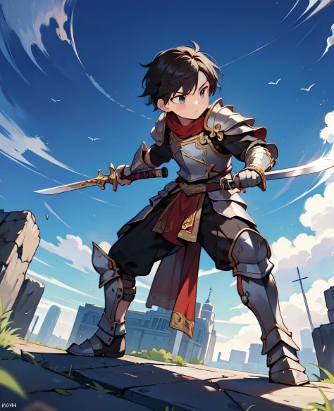 masterpiece, best quality, (Stadium), ((boy)), (((kid))), solo, strong, fighting, with a sword, dynamic pose, in armor