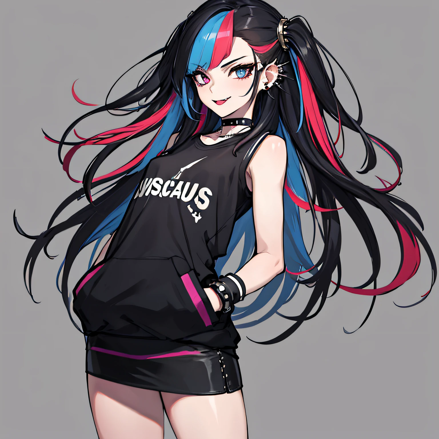 (absurdres, 8k, 4k, masterpiece, hyper extreme detailed:1.2), solo, 1girl, front view, perfect face, 1girl, portrait, expressive eyes, solo, standing, Female, perfect hands, pale skin, friendly, excited, punk rock, Long Hair, Multicolored Hair, black choker, black lipstick, Piercings, Ear Piercings, Lip Piercings, Nose Piercings, small Bust, smile, street clothing,  half body, perfect anatomy, hands in pockets, graphic t-skirt, anatomically correct, cowboy shot, no background, empty background, arms behind back, covered chest, white background, exposed shoulder,