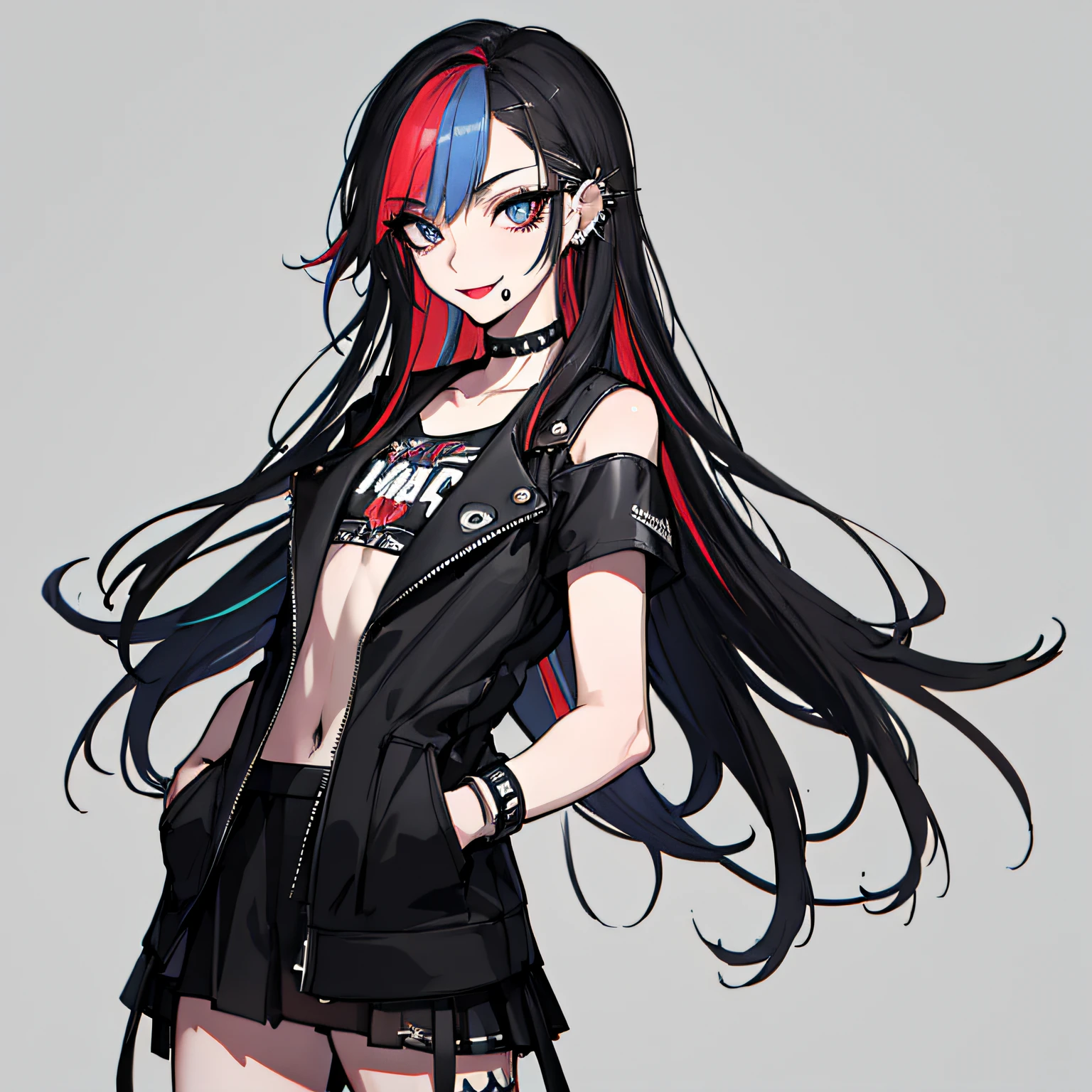 (absurdres, 8k, 4k, masterpiece, hyper extreme detailed:1.2), solo, 1girl, front view, perfect face, 1girl, portrait, expressive eyes, solo, standing, Female, perfect hands, pale skin, friendly, excited, punk rock, Long Hair, Multicolored Hair, black choker, black lipstick, Piercings, Ear Piercings, Lip Piercings, Nose Piercings, small Bust, smile, street clothing,  half body, perfect anatomy, hands in pockets, graphic t-skirt, anatomically correct, cowboy shot, no background, empty background, arms behind back, covered chest, white background, exposed shoulder,