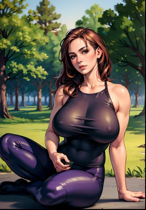 (a)beautiful detailed face,(best quality, hd, highres, masterpiece:1.2),(realistic,photorealistic,photo-realistic:1.37) (b)a woman sitting on a yoga mat in a park (c)wearing tight clothing (d)simple clothes (e)huge breasts