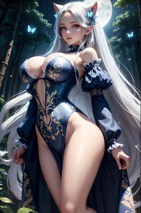 Masterpice, 4k quality, Beauty, long hair and waist, silver hair, graceful curves,big breasts, sexy body, beautiful face, big butt, dress frills, embroidery, print, sleeves, lace, late night, blue night, forest, tall old trees, jungle, white wolf, blue glo...