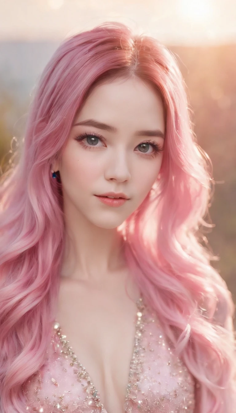 (Best quality:1.3),4K,8K,8K portrait,16 k,(masutepiece:1.2),1girl in,Solo,(Maximalism:1.5),opals,ultra - detailed,absurderes,(Very detailed beautiful face and eyes:1.3), (Beautiful hair details:1.3),Delicate composition, (full bodyesbian:1.5),(full-length figure:1.5), Super cute girl,(Medium hair:1.4),Pink eyes,Light blue eyes,(Pink hair:1.6),(Jewelry hair accessories:1.3), (jewelry eyes:1.3),(eyeslashes:1.2),(symbol in eyes:1.3),(A high resolution, Twinkle,glitters,Lens flare,light particules,Shining:1.3),(Cute:1.5)