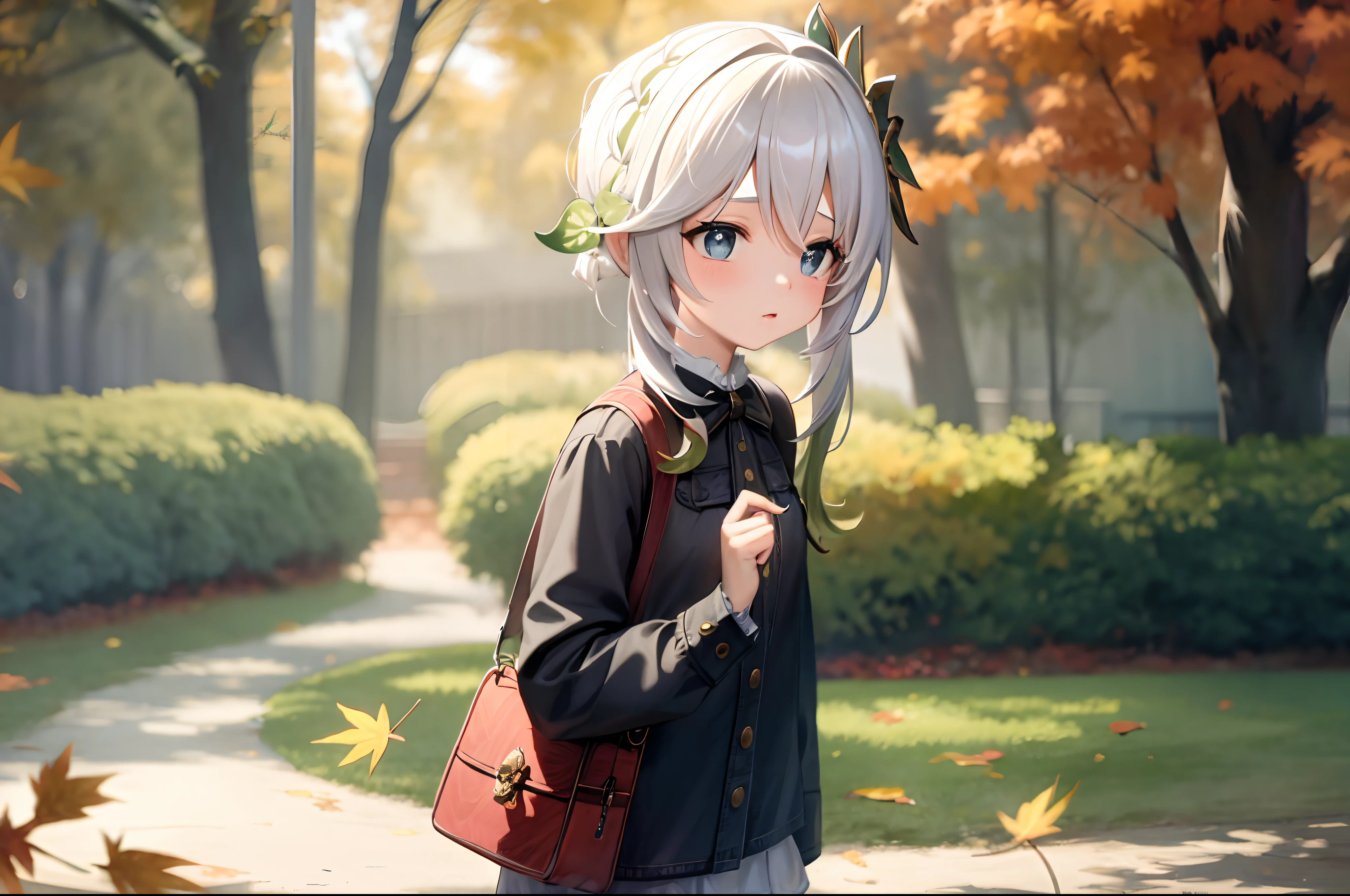 Teenager Mädchen，süß，Weiße Haare，herbstlich，Hintergrundbilder，Ahornblätter