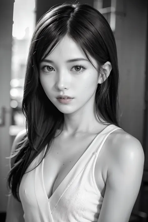 8k wallpaper, top-quality, ​masterpiece, realisitic, Photorealsitic, ultra-detailliert, highly detailed CG unit 8k wallpaper, Model style, RAW photo of a 29-year-old woman, (((Monochrome photography))), 1girl in, ((Facing the front)), Look at viewers, Uppe...