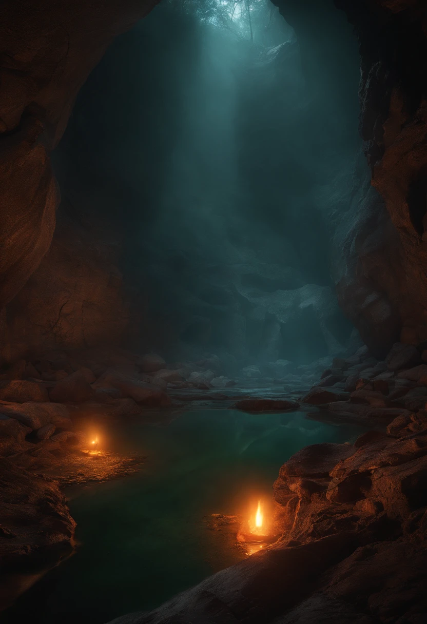 there is a picture of a painting of a pond in the woods, cave background, dark gloomy cave background, sewer background, dungeon background, underground lake, odin's stone arena background, bloodbath battlefield background, hell background, complete darkness background, valley of the damned background, arena background, bikini. background of hell. gore, background of a lava river