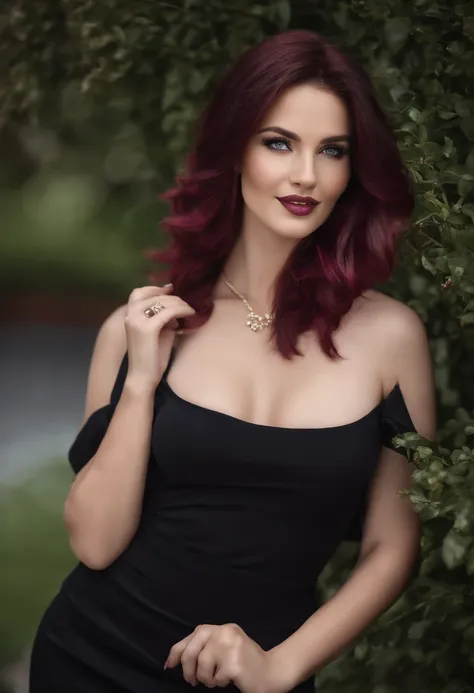 A close up of a woman with long red hair wearing a black dress - SeaArt AI