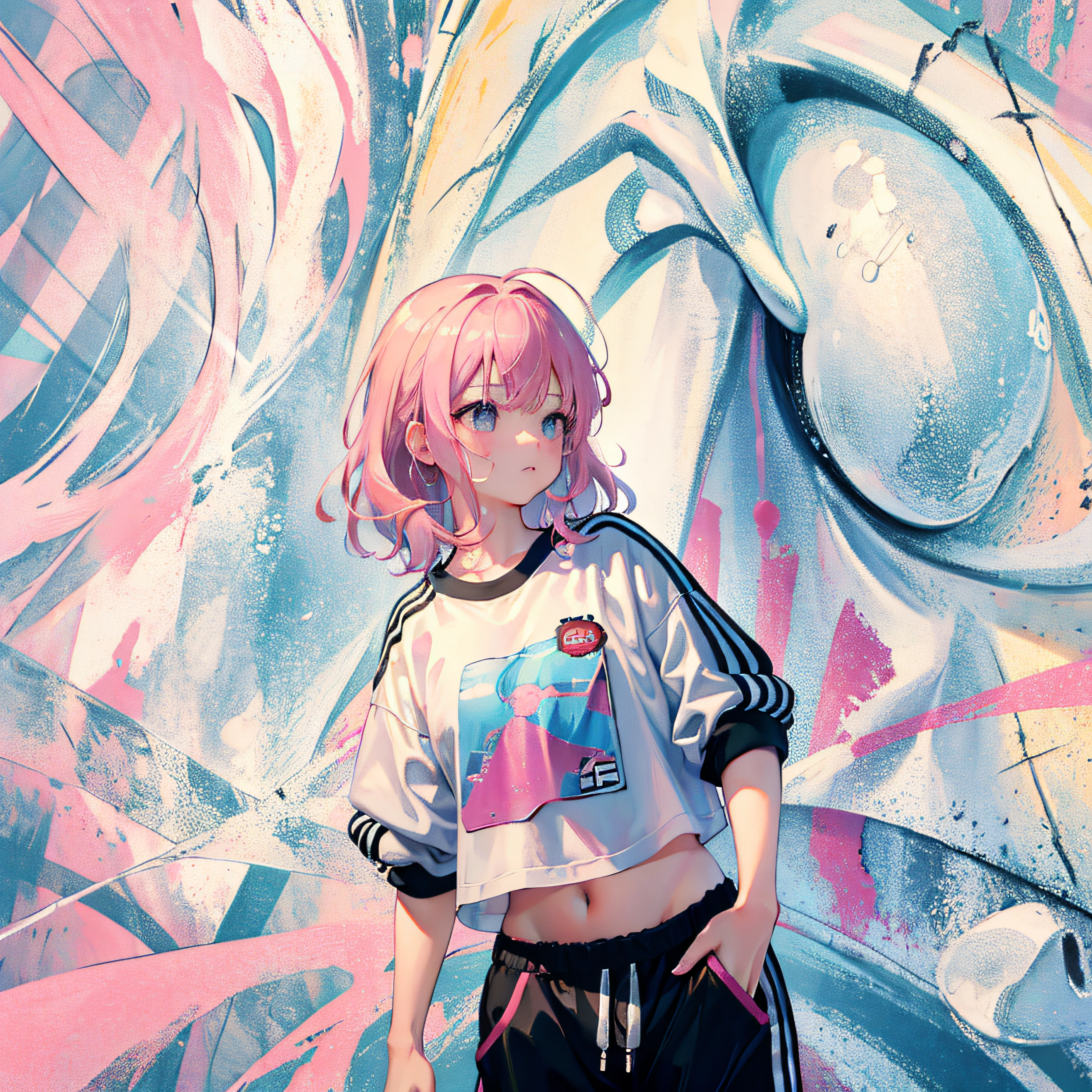 (Realistic painting style:1.0), Masterpiece, Best quality, absurderes, comic strip, illustration,
1 girl, Medium hair, Cute girl, young and cute girl, Korean girl, {Breasts}, Width 17, 
A girl in a white shirt and black shorts, Wearing track suit, croptop, trending on r/Street attire, She is seen wearing streetwear pieces, Wearing track suit, Sportswear, 
Pink hair, Pink hair, with pink hair, with pink hair,