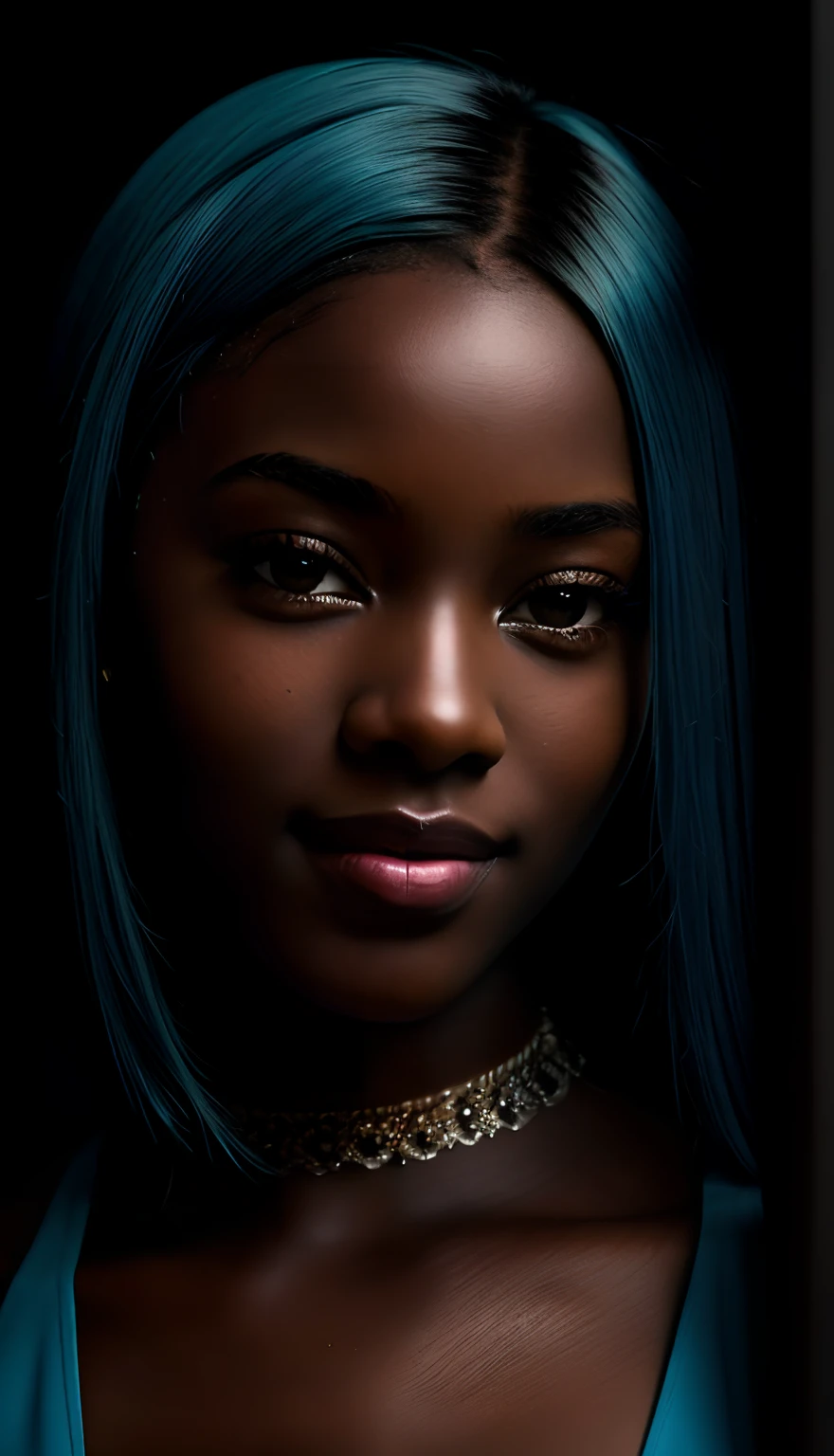 (8k, RAW photo, highest quality), (1 girl), beautiful young ebony girl, Dark skin, teen, teal hair, teal eyes, smile, close up, (detailed eyes:0.8), (looking at the camera:1.4), (highest quality), (best shadow), intricate details, interior, dark studio, muted colors, (to8contrast style),