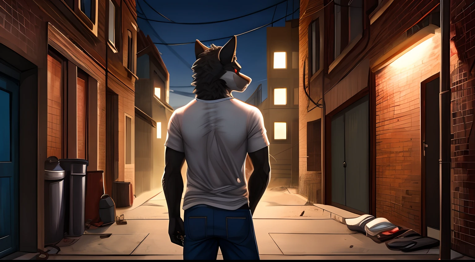 Anthropromorphic wolf male, fourteen years old, detailed athletic body, black and grey fur, hightly detailed red eyes, serious expression, ragged worn blue jeans, dirty white tee shirt, standing in a back alley of a big city in the late evening