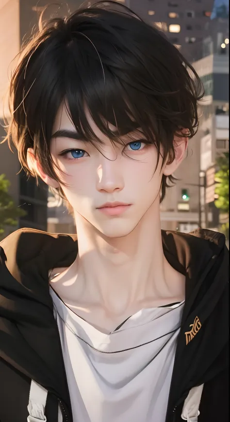 Handsome boy with hoodie, sharp face , realistic, blue eyes