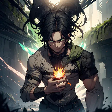 "(best quality, highres), angry young man with intense black hair and vibrant green eyes, dark and misty face, fantasy dark back...