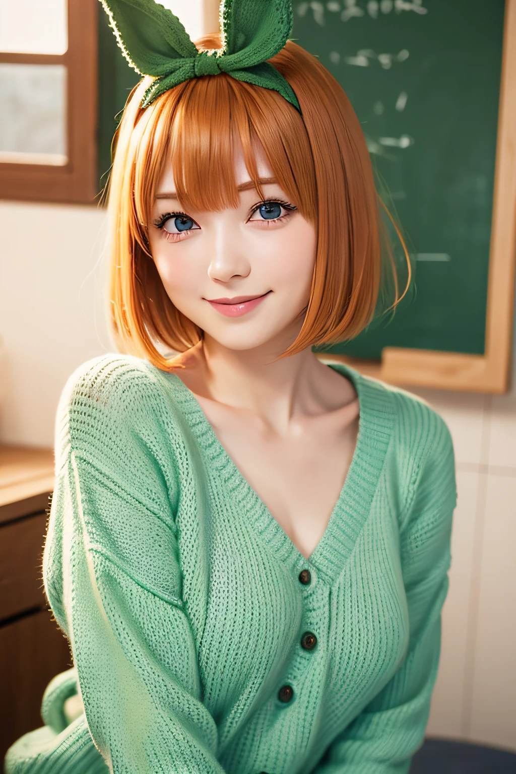 Nakano Yotsuba, Short_hair, Bangs, Blue_Eyes, orange_hair, Hair Bow, Green Ribbon, hair_Bland_Eyes,A smile, chest, knitted sweater, Nasty poses