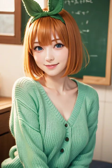 Nakano Yotsuba, Short_hair, Bangs, Blue_Eyes, orange_hair, Hair Bow, Green Ribbon, hair_Bland_Eyes,A smile, chest, knitted sweat...