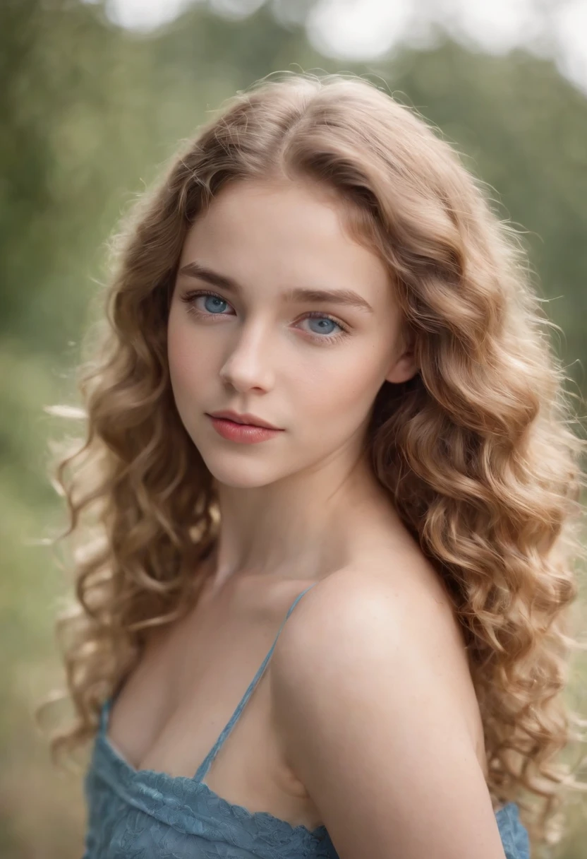"Full body portrait of a charming 18 year old women with curly light hair,  figure, beautiful face, captivating blue eyes, and modest bust size, showcasing her natural beauty."