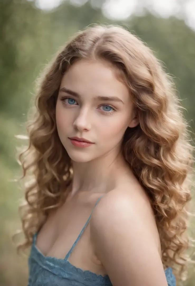 "Full body portrait of a charming 18 year old women with curly light hair, petite figure, beautiful face, captivating blue eyes, and modest bust size, showcasing her natural beauty."