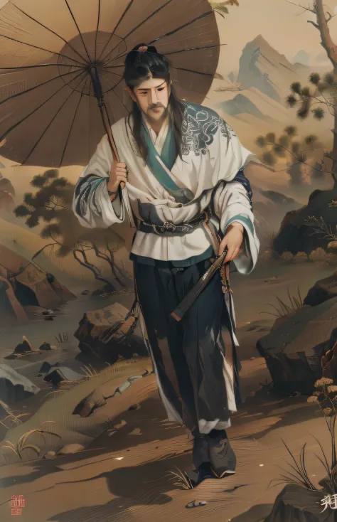 (Unreal Engine 5),Realistic rendering, (Dusk Mountain Forest），Song dynasty poets hurried with umbrellas，Fan in hand，Hanfu， Song ...