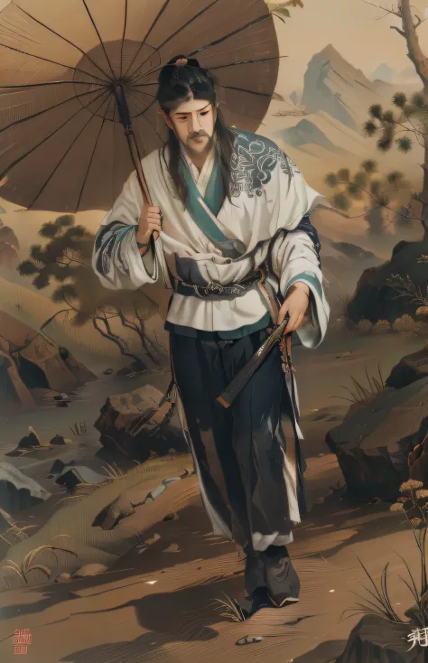 (unreal engine 5),realistic rendering, (dusk mountain forest），song dynasty poets hurried with umbrellas，fan in hand，hanfu， song ...