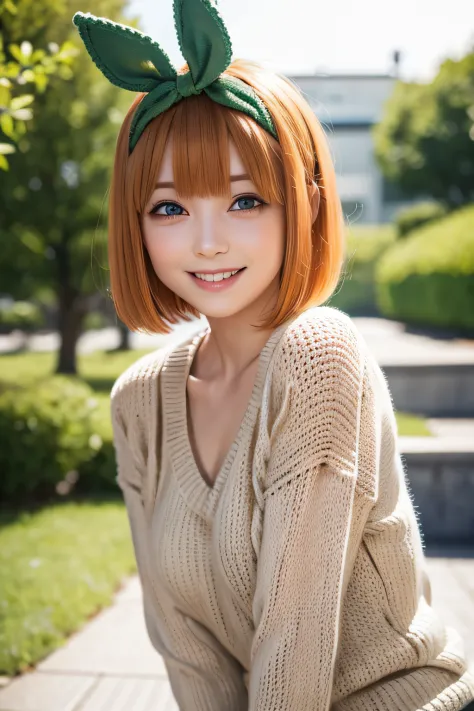 Nakano Yotsuba, Short_hair, Bangs, Blue_Eyes, orange_hair, Hair Bow, Green Ribbon, hair_Bland_Eyes,A smile, knitted sweater, Nas...