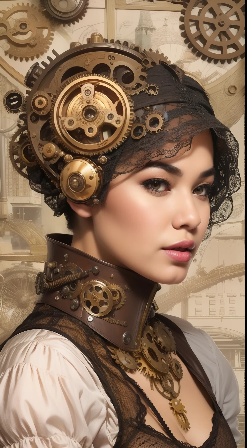 Concevez un portrait d&#39;inspiration steampunk où la femme malaise porte un corset de l&#39;époque victorienne et une tenue ornée d&#39;engrenages., cheveux coupés en lutin blanc très courts, entouré de machines steampunk complexes, symbolisant la créativité et l&#39;innovation