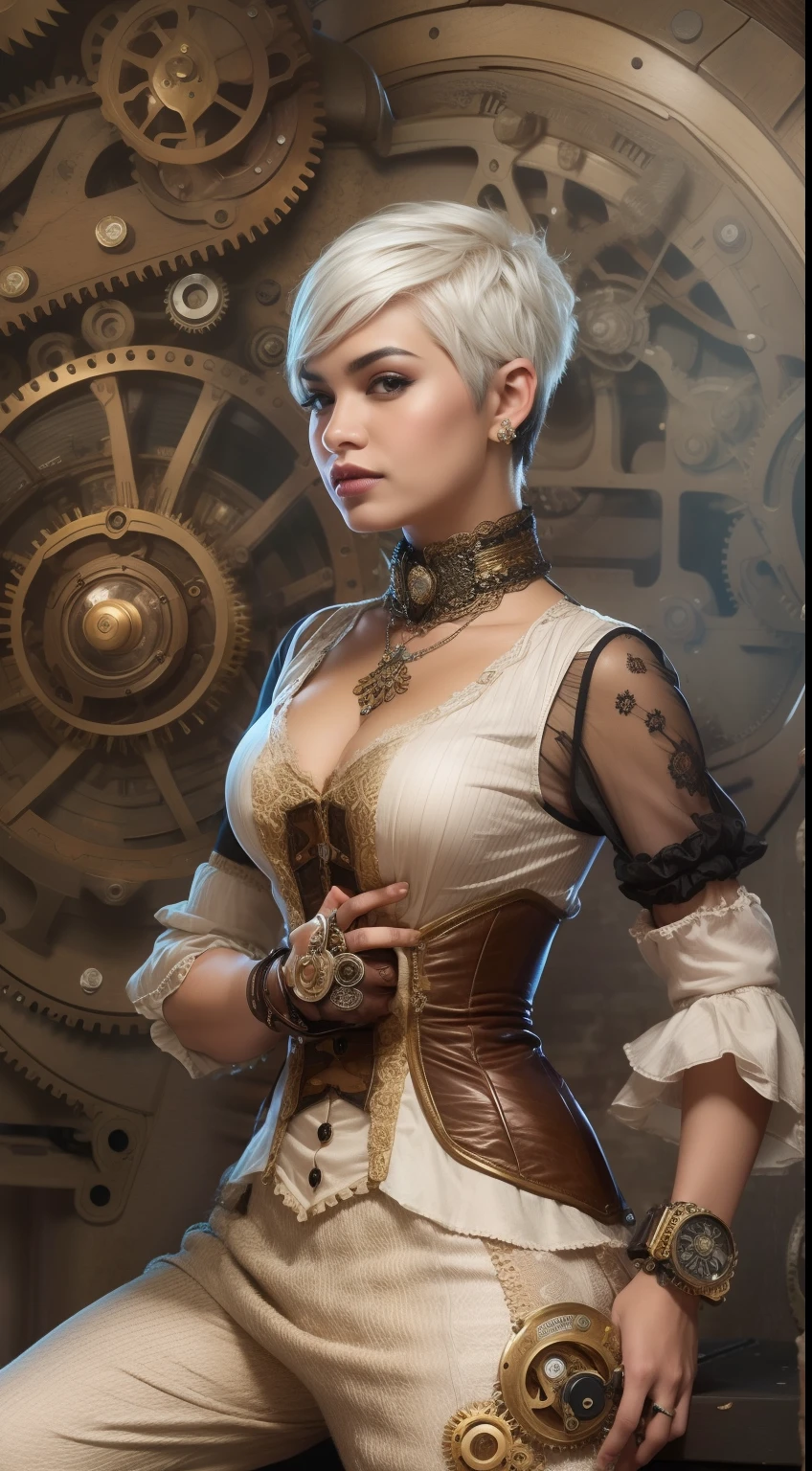 Design a steampunk-inspired portrait where the Malay woman wears a Victorian-era corset and gears-adorned attire, very short white pixie cut hair, surrounded by intricate steampunk machinery, symbolizing creativity and innovation