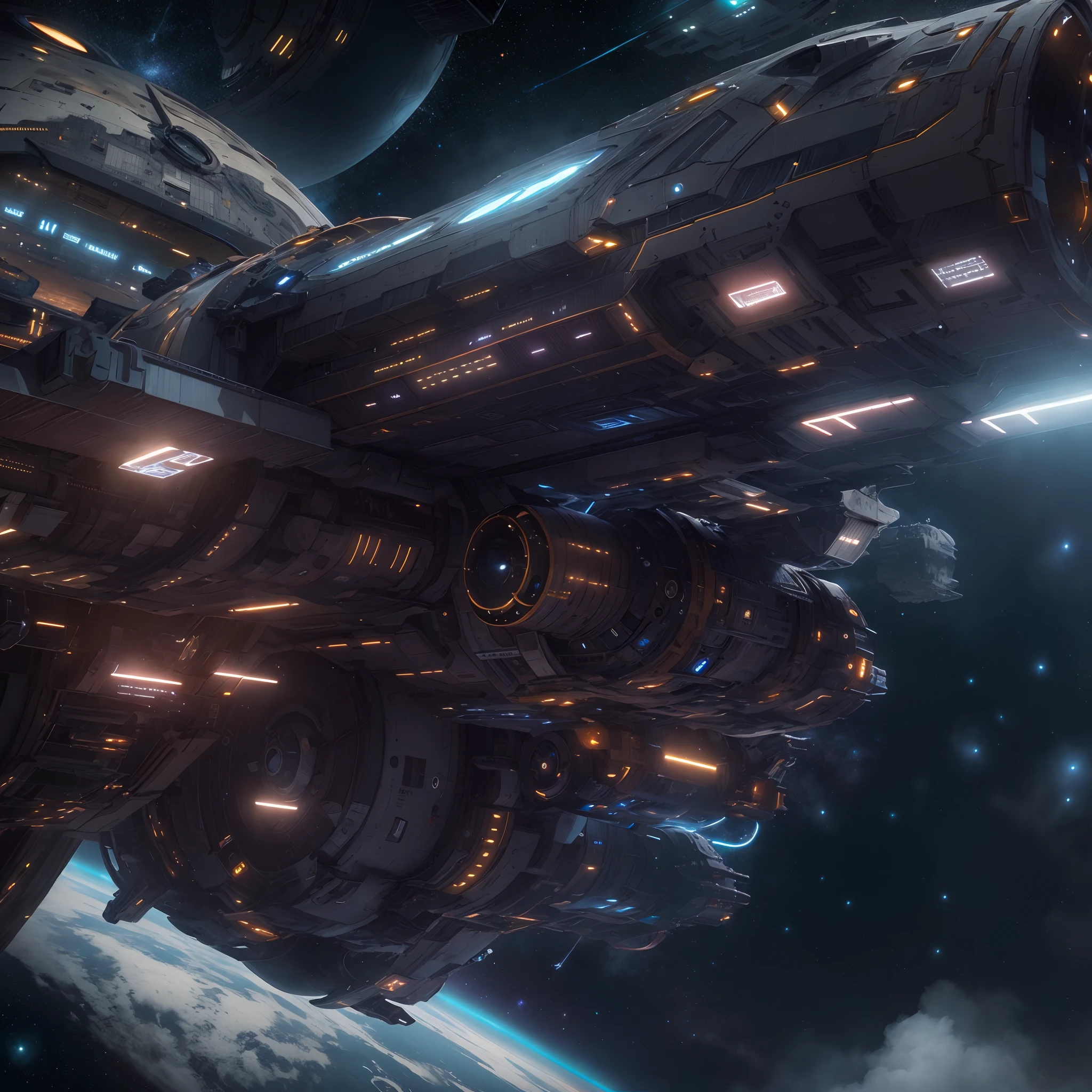 星を背景に惑星の上を飛ぶ宇宙船 SeaArt AI