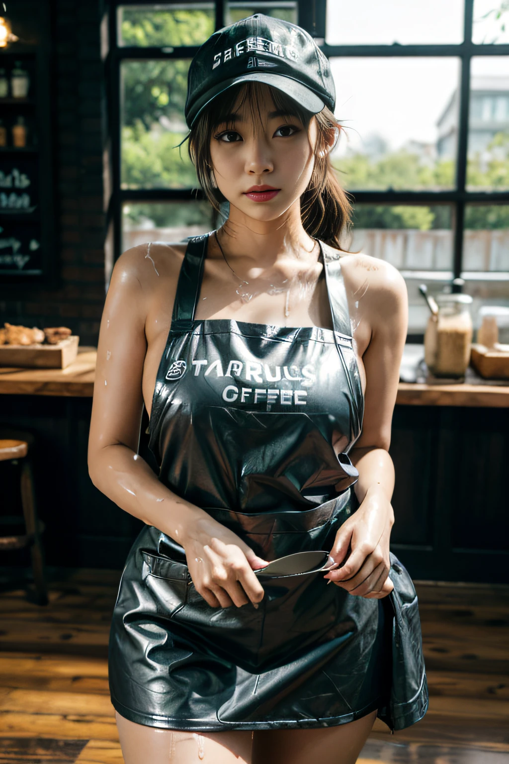A girl in a Starbucks uniform makes coffee，double-ponytail，Wearing a baseball cap on his head，Slightly chubby figure，Clothes and skin are soaked all over，（wetclothes：1.8），Reflective skin，Sweaty skin，high high quality、tmasterpiece、Hyper-Resolution、barechested、NAKED Apron、wearing apron、full bodyesbian、