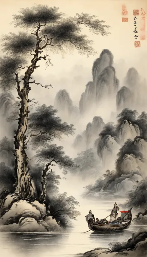 一幅描绘山景、河流和宝塔的画- SeaArt AI